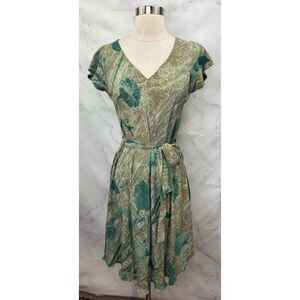 Indie Ella Silk Midi Dress Floral Print Belted S Teal Retro 40s Style Ethereal